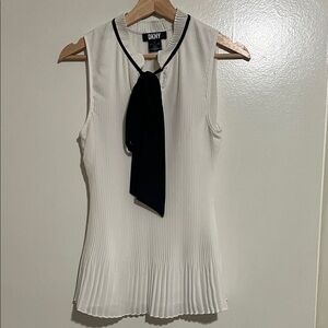 DKNY White Pleated Blouse with Black Tie Accent